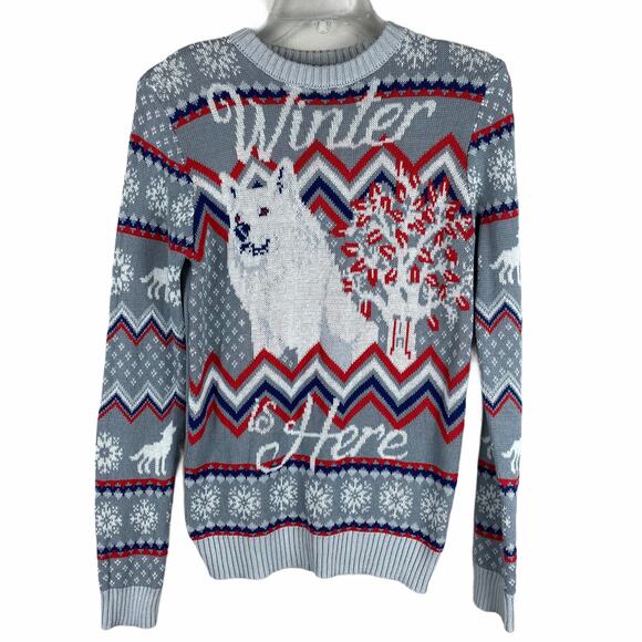 Game of Thrones NWOT Wolf Sweater Size XS Winter Is Here Gray Red Blue Novelty - Picture 2 of 7